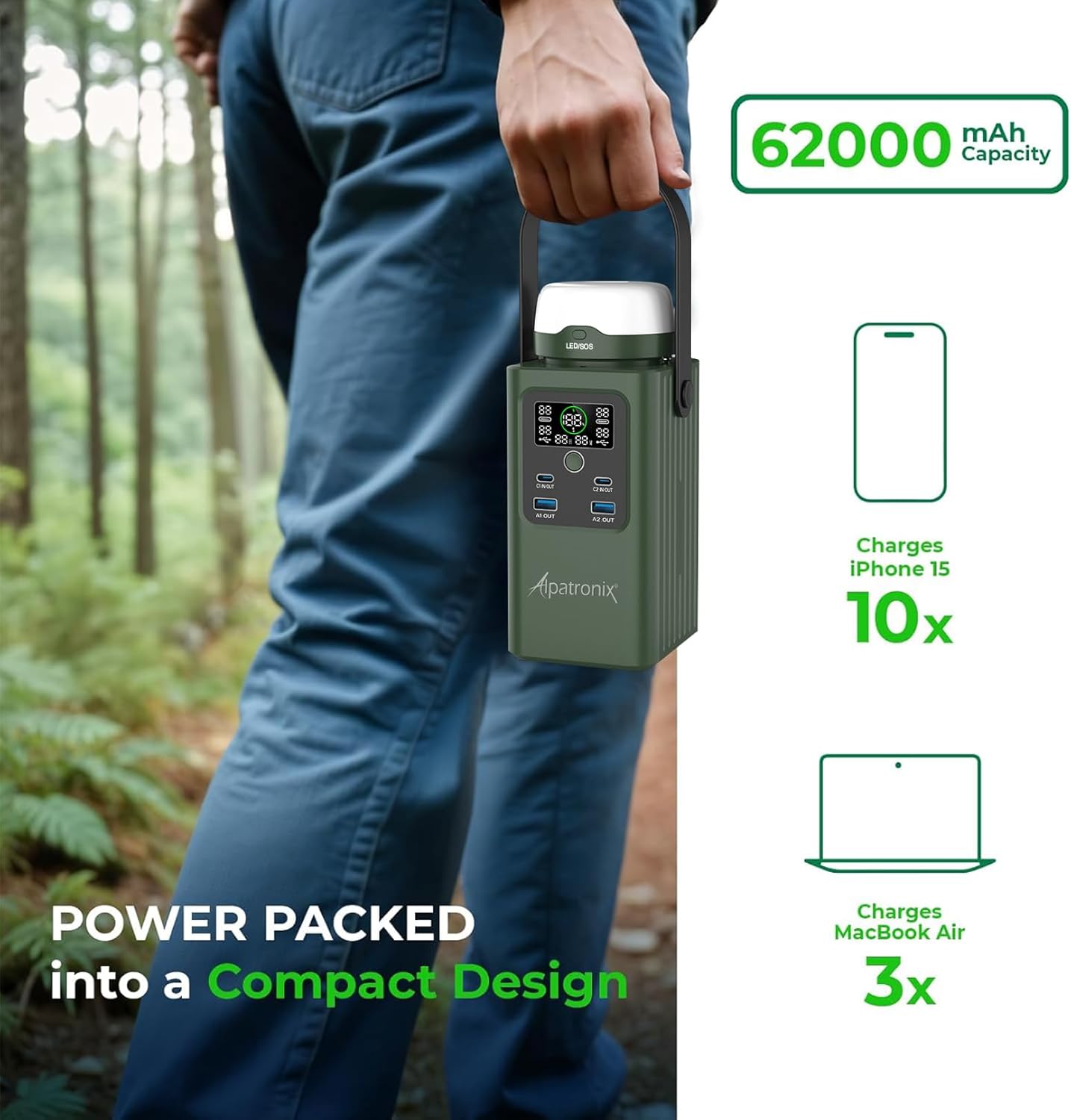 Alpatronix PX700 Camping Portable Power Station 198.4Wh (62000mAh), 100W Fast Charging Power Bank with Detachable LED Lights, Outdoor Generator with LifePO4 Battery for Home Backup, Travel & Emergencies.